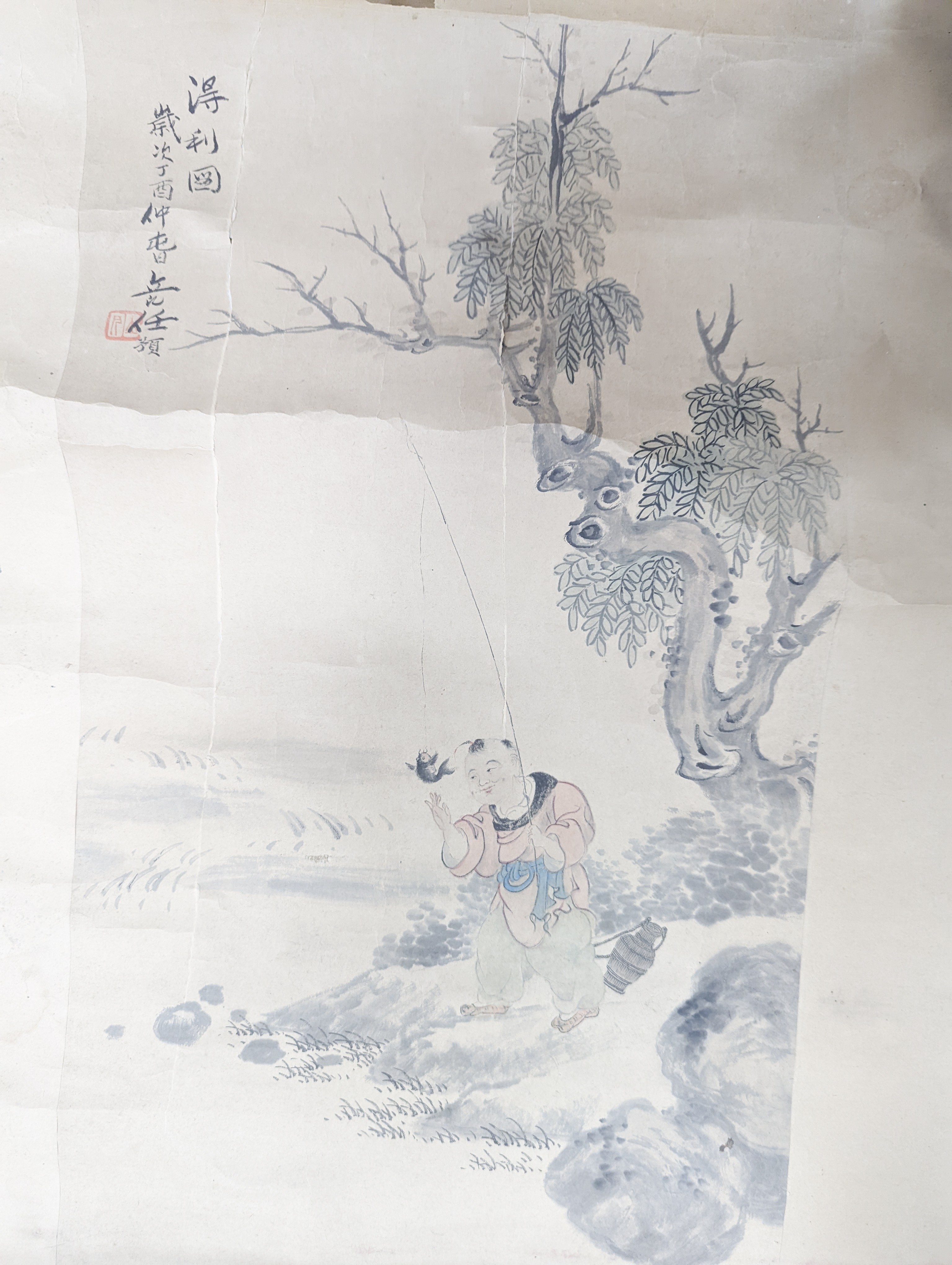 Two Chinese scrolls and a print, print 35 cms high x 11 cms wide